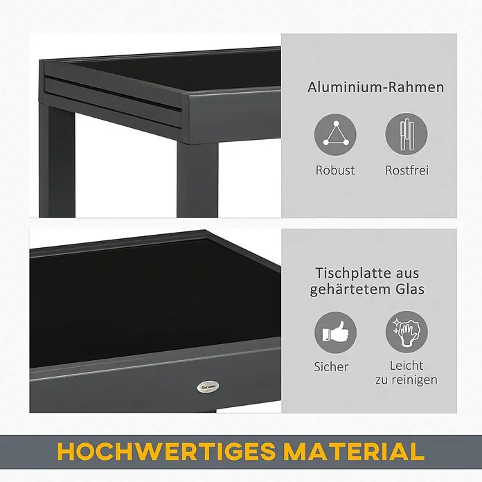 Outsunny Gartentisch - L x B x H: 80 x 80 x 75 cm, Epoxidiertes Metall, Aluminium, gehärtetes Glas, Rechteckig, Schwarz - Nahaufnahme: dunkelgrauer Aluminiumrahmen und schwarze gehärtete Glasplatte. Zeigt robuste, rostfreie, sichere und leicht zu reinigende hochwertige Materialien.