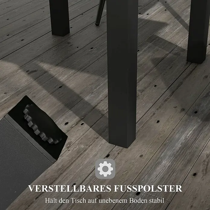 Outsunny Gartentisch - Aluminium, Quadratisch, Grau - Schwarzes, verstellbares Fußpolster am Tischbein auf Holzboden, für Stabilität auf unebenem Untergrund.