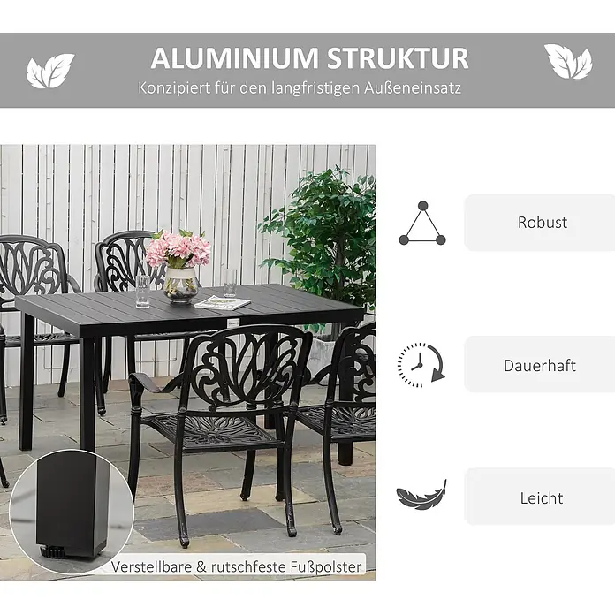 Outsunny Gartentisch - L x B x H: 140 x 90 x 74 cm, Aluminium, Kunststoff, Rechteckig, Schwarz - Schwarzes Aluminium-Gartenmöbelset mit Tisch und Stühlen, robust, dauerhaft, leicht und mit verstellbaren, rutschfesten Fußpolstern.