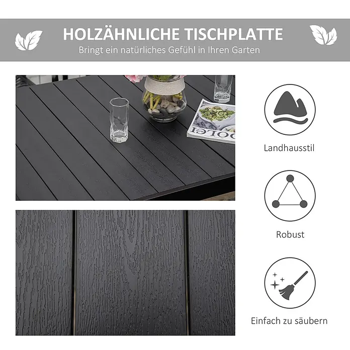 Outsunny Gartentisch - L x B x H: 140 x 90 x 74 cm, Aluminium, Kunststoff, Rechteckig, Schwarz - Dunkelgrauer Gartentisch mit holzähnlichen Brettern im Landhausstil. Robust und leicht zu reinigen.