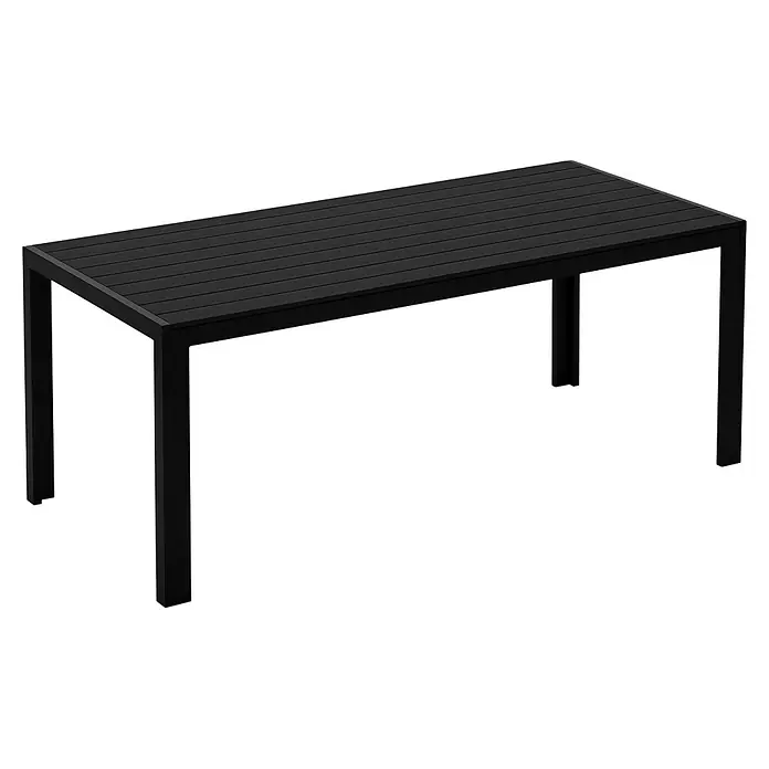 Outsunny Gartentisch - L x B x H: 190 x 84,5 x 72 cm, Aluminium, Polyholz, Rechteckig, Schwarz - Schwarzer rechteckiger Outdoor-Esstisch mit Lattenrostplatte und quadratischen Beinen.