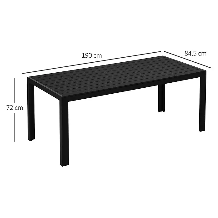 Outsunny Gartentisch - L x B x H: 190 x 84,5 x 72 cm, Aluminium, Polyholz, Rechteckig, Schwarz - Schwarzer rechteckiger Esstisch mit Lattenplatte, Maße 190x84,5x72 cm.
