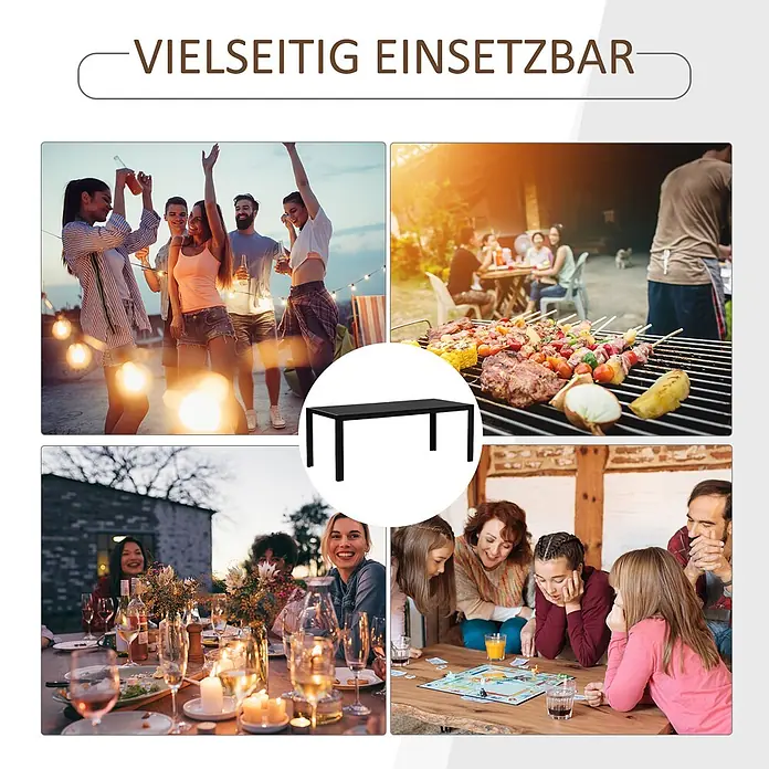 Outsunny Gartentisch - L x B x H: 190 x 84,5 x 72 cm, Aluminium, Polyholz, Rechteckig, Schwarz - Schwarzer rechteckiger Tisch, vielseitig einsetzbar für Partys, Abendessen und Familienaktivitäten.