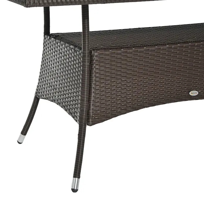 Outsunny Gartentisch mit 2-stufigem Design - L x B x H: 150 x 85 x 74 cm, Metall, Sicherheitsglas, Polyrattan, Rechteckig, Braun, Schwarz - Brauner Rattan-Look Outdoor-Tisch mit silberfarbenen Beinkappen.