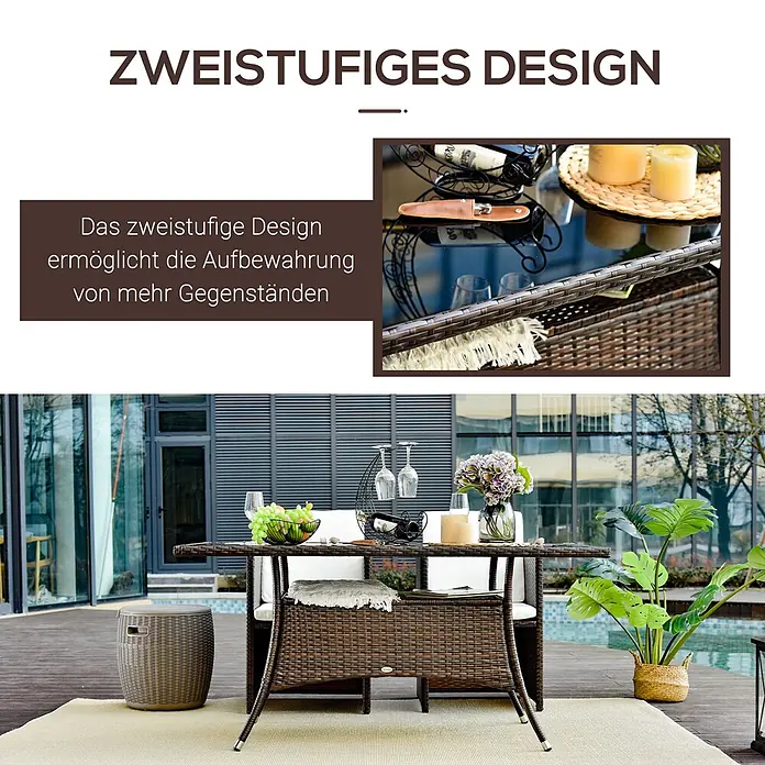 Outsunny Gartentisch mit 2-stufigem Design - L x B x H: 150 x 85 x 74 cm, Metall, Sicherheitsglas, Polyrattan, Rechteckig, Braun, Schwarz - Brauner Rattan-Esstisch mit zweistufigem Design für zusätzliche Aufbewahrung, im Außenbereich.