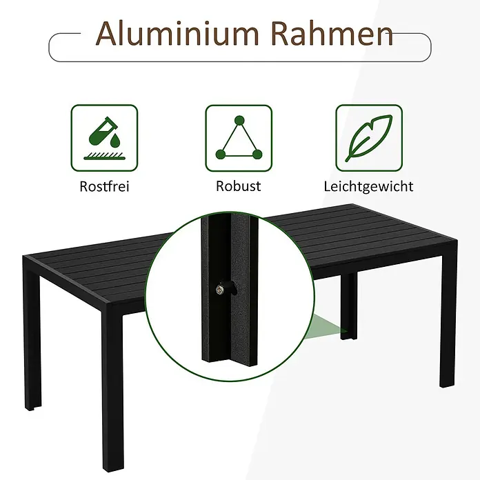 Outsunny Gartentisch - L x B x H: 190 x 84,5 x 72 cm, Aluminium, Polyholz, Rechteckig, Schwarz - Schwarzer rechteckiger Tisch mit Aluminiumrahmen; rostfrei, robust und leichtgewichtig.