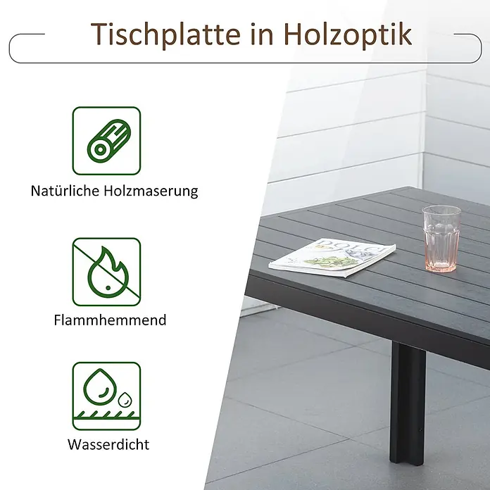 Outsunny Gartentisch - L x B x H: 190 x 84,5 x 72 cm, Aluminium, Polyholz, Rechteckig, Schwarz - Dunkelgraue Lamellentischplatte in Holzoptik, auf einer Terrasse mit Glas und Magazin. Flammhemmend und wasserdicht.