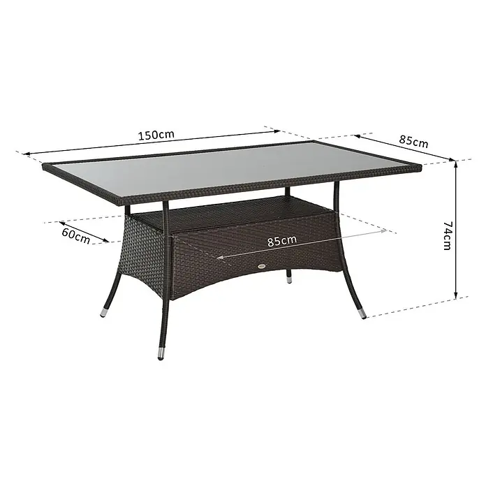 Outsunny Gartentisch mit 2-stufigem Design - L x B x H: 150 x 85 x 74 cm, Metall, Sicherheitsglas, Polyrattan, Rechteckig, Braun, Schwarz - Brauner Rattan-Gartentisch mit rechteckiger Glasplatte und integriertem Ablagefach. Maße: 150x85x74cm.
