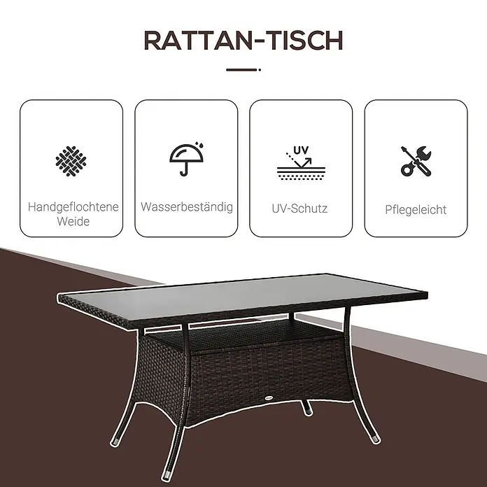 Outsunny Gartentisch mit 2-stufigem Design - L x B x H: 150 x 85 x 74 cm, Metall, Sicherheitsglas, Polyrattan, Rechteckig, Braun, Schwarz - Dunkelbrauner Rattan-Esstisch für den Außenbereich mit Glasplatte und Ablagefach.
