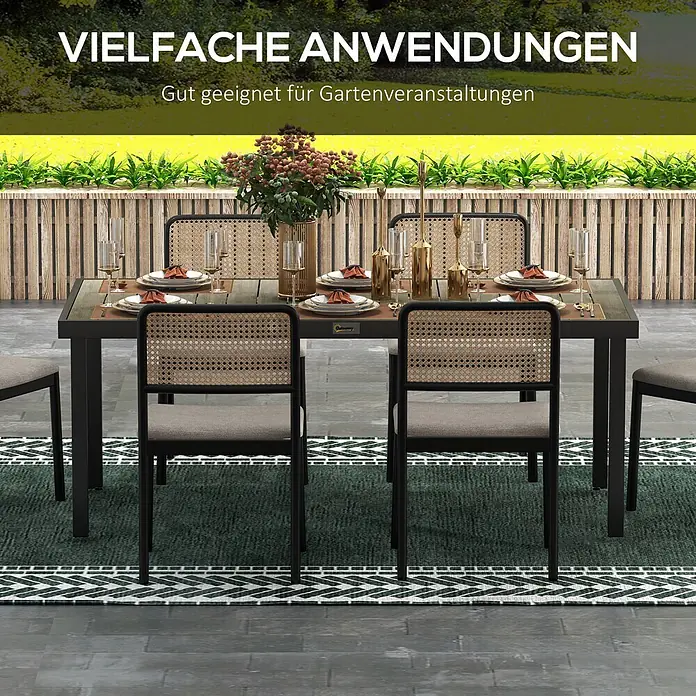 Outsunny Gartentisch für 8 Personen - L x B x H: 190 x 90 x 74 cm, Aluminium, Kunststoff, Rechteckig, Braun, Schwarz - Gartenset mit schwarzem Metalltisch, Holzplatte und Stühlen mit Rattanlehnen und gepolsterten Sitzen auf einem Terrassenteppich.