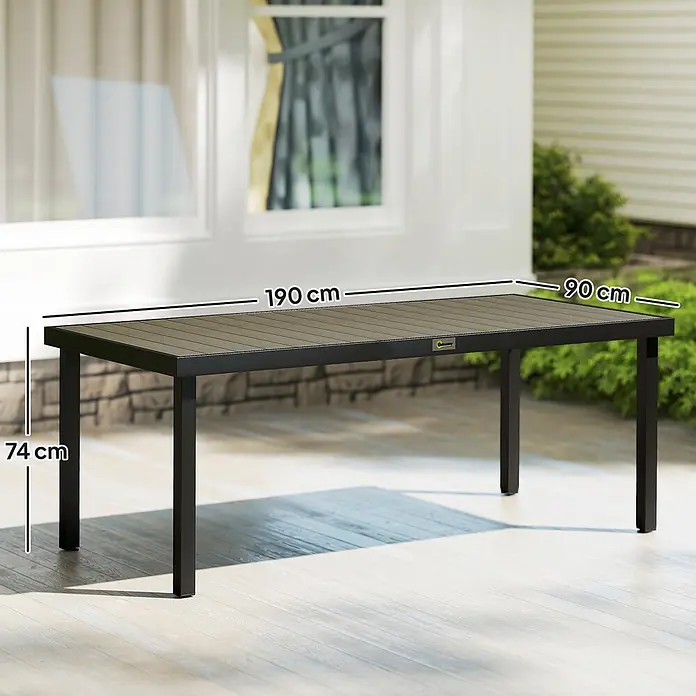 Outsunny Gartentisch für 8 Personen - L x B x H: 190 x 90 x 74 cm, Aluminium, Kunststoff, Rechteckig, Braun, Schwarz - Schwarzer Gartentisch mit brauner Lattenplatte, 190x90x74 cm, auf Terrasse stehend.