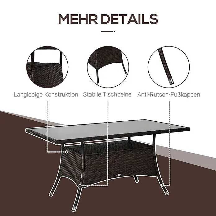 Outsunny Gartentisch mit 2-stufigem Design - L x B x H: 150 x 85 x 74 cm, Metall, Sicherheitsglas, Polyrattan, Rechteckig, Braun, Schwarz - Brauner Rattan-Terrassentisch mit Glasplatte, stabile Beine und rutschfeste Fußkappen zeigend.