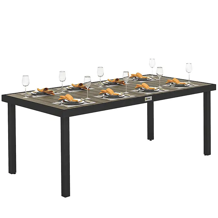 Outsunny Gartentisch für 8 Personen - L x B x H: 190 x 90 x 74 cm, Aluminium, Kunststoff, Rechteckig, Braun, Schwarz - Rechteckiger Esstisch für draußen mit Holzlattenplatte und schwarzem Metallgestell, gedeckt für acht Personen.