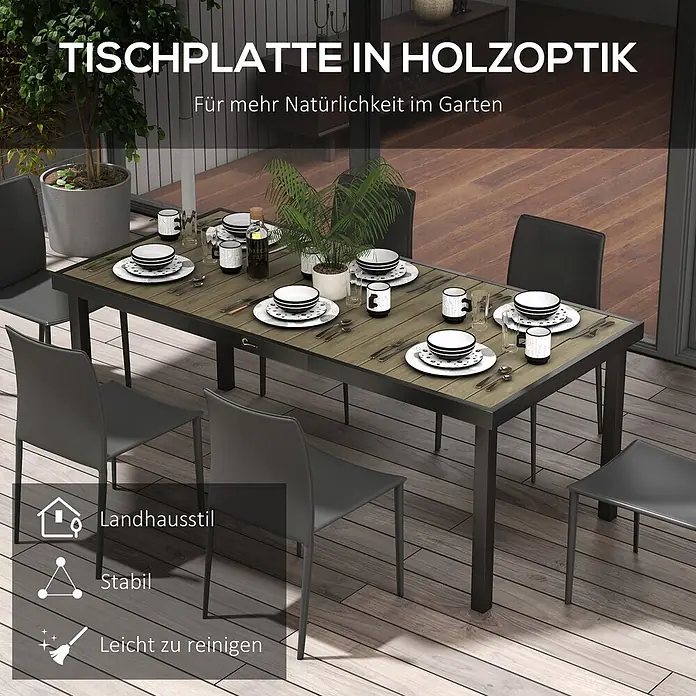 Outsunny Gartentisch für 8 Personen - L x B x H: 190 x 90 x 74 cm, Aluminium, Kunststoff, Rechteckig, Braun, Schwarz - Großer Esstisch für den Außenbereich mit Holzoptik-Platte und schwarzem Metallgestell, auf einer Terrasse zum Essen gedeckt.