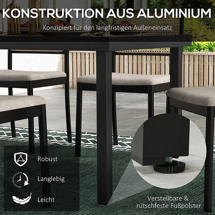 Outsunny Gartentisch für 8 Personen - L x B x H: 190 x 90 x 74 cm, Aluminium, Kunststoff, Rechteckig, Braun, Schwarz - Schwarzer Aluminium-Esstisch für den Außenbereich mit verstellbaren Füßen.