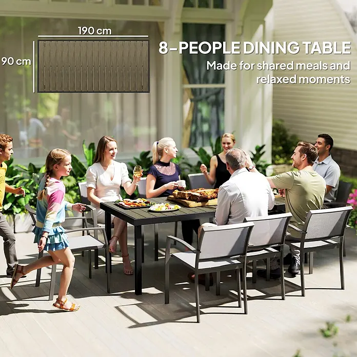 Outsunny Gartentisch für 8 Personen - L x B x H: 190 x 90 x 74 cm, Aluminium, Kunststoff, Rechteckig, Braun, Schwarz - Großer 8-Personen-Esstisch (190x90 cm) mit dunkler Lattenplatte und Gestell, im Freien von einer Familie genutzt.