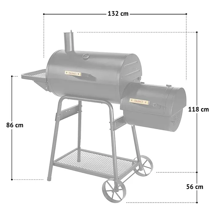 TAINO Smoker KAMAYO - Schwarz - Dunkelgrauer Metall-Offset-Smoker-Grill mit Seitenablage, unterem Rost und Rädern.