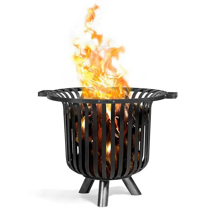 Bene on Fire Holzkohlegrill Tennessee - Schwarz - Schwarze Feuerschale aus Metall mit brennendem Feuer und Holzscheiten.