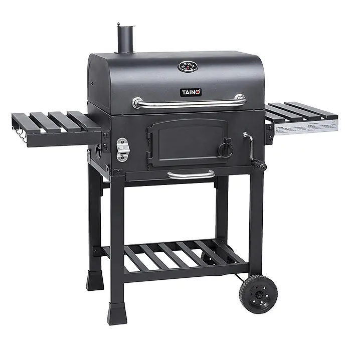 TAINO Holzkohlegrill HERO XL - Schwarz - Dunkelgrauer Holzkohlegrill mit Deckel, Thermometer, Kamin, Seitenablagen, Bodenablage und Rädern.