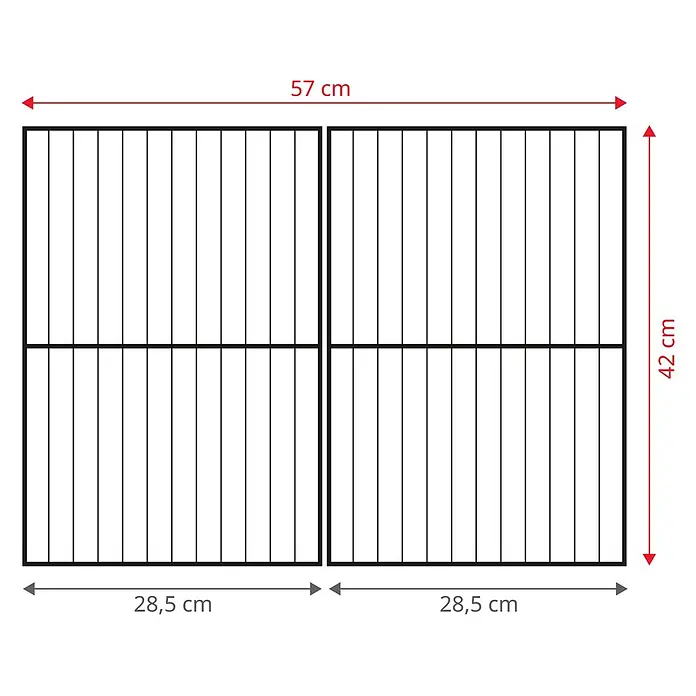 TAINO Holzkohlegrill HERO XL - Schwarz - Technische Zeichnung zweier schwarzer Gitterplatten, insgesamt 57x42 cm, jede 28,5 cm breit und horizontal durch eine Mittelstange geteilt.