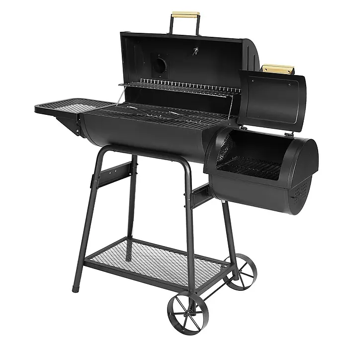 TAINO Smoker KAMAYO - Schwarz - Schwarzer BBQ Grill und Smoker mit zwei Deckeln, Holzgriffen, einer Seitenablage, unterem Gitter und Rädern.