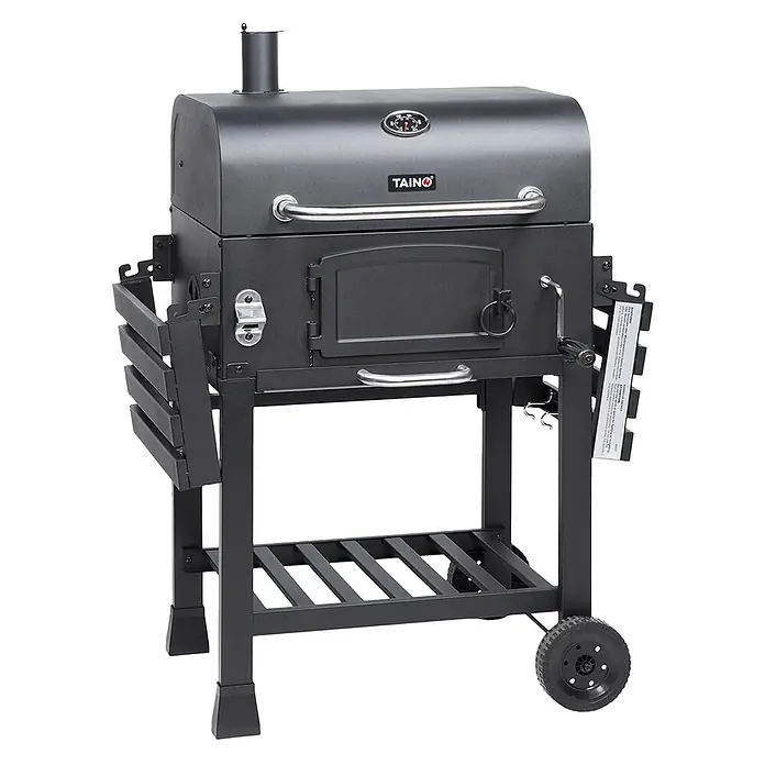 TAINO Holzkohlegrill HERO XL - Schwarz - Schwarzer Metall-Holzkohlegrill mit Seitenablage, integriertem Thermometer und Rädern.