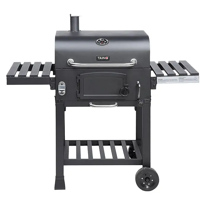 TAINO Holzkohlegrill HERO XL - Schwarz - Dunkelgrauer Holzkohlegrill mit Seitenablagen, Fronttür, Thermometer und Rädern.