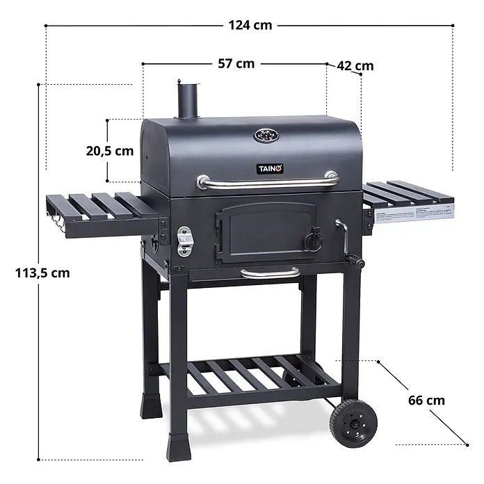 TAINO Holzkohlegrill HERO XL - Schwarz - Schwarzer Holzkohle-Smoker-Grill mit Seitenablagen, Thermometer und Rädern, mit Maßangaben.