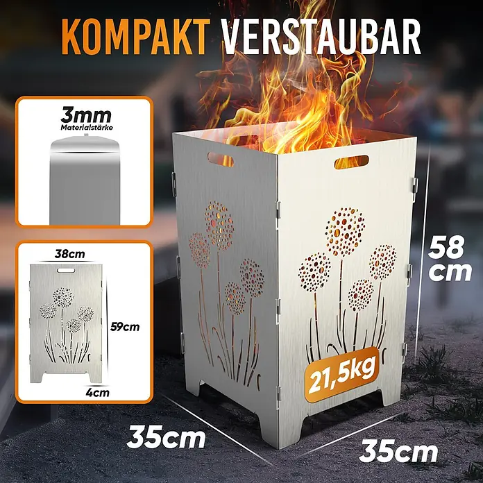 TiKo-Design Holzkohlegrill Feuerkorb-Pusteblumen - Durchmesser Grillfläche: 60 cm, Grau - Gebürstete Metall-Feuerschale mit Laser-geschnittenem Pusteblumen-Design und echten Flammen. 35x35x58cm groß, 3mm dick, 21,5kg schwer.