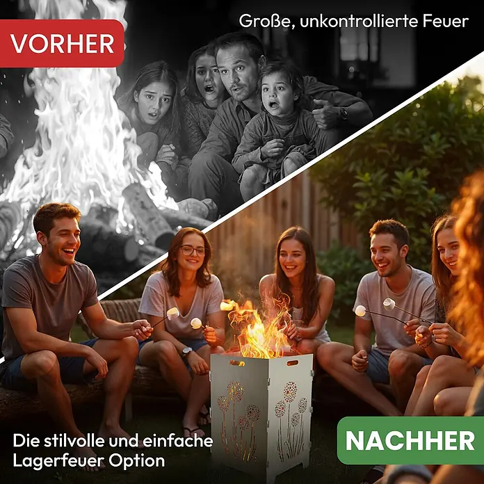 TiKo-Design Holzkohlegrill Feuerkorb-Pusteblumen - Durchmesser Grillfläche: 60 cm, Grau - Metall-Feuerkorb mit dekorativen Pusteblumen-Ausschnitten, von Leuten beim Marshmallow-Rösten genutzt.