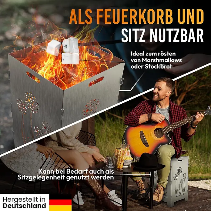 TiKo-Design Holzkohlegrill Feuerkorb-Pusteblumen - Durchmesser Grillfläche: 60 cm, Grau - Gebürsteter Metall-Feuerkorb/Hocker mit Löwenzahn-Motiv, als Feuerschale und Sitzgelegenheit für Marshmallows im Freien genutzt. Hergestellt in Deutschland.