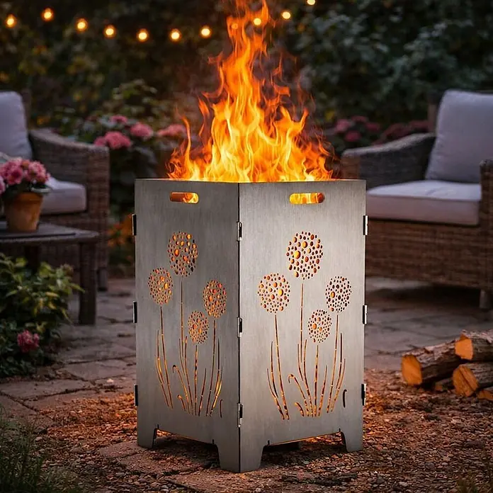 TiKo-Design Holzkohlegrill Feuerkorb-Pusteblumen - Durchmesser Grillfläche: 60 cm, Grau - Metall-Feuerstelle mit Pusteblumen-Ausschnitten, hell brennend auf einer Terrasse, schafft Abendstimmung.