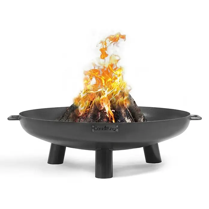 Bene on Fire Holzkohlegrill Louisiana - schwarz - Runde, dunkelgraue Cook King Feuerschale mit drei Beinen, Brennholz und Griffen.