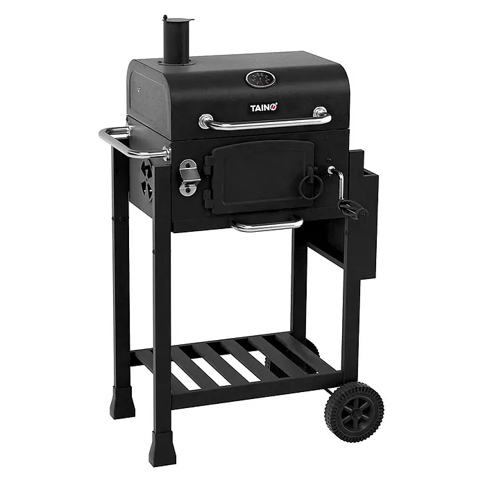 TAINO Holzkohlegrill HERO - Schwarz - Schwarzer Metall-Holzkohlegrill mit Schornstein, Thermometer, Seitengriffen, Fronttür, Aschekurbel, Flaschenöffner, unterer Ablage und Rädern.