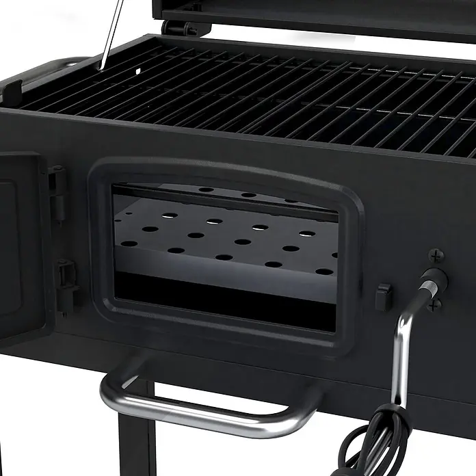 TAINO Holzkohlegrill HERO - Schwarz - Schwarzer Holzkohlegrill mit Grillrosten, offener Seitentür und silbernen Griffen.
