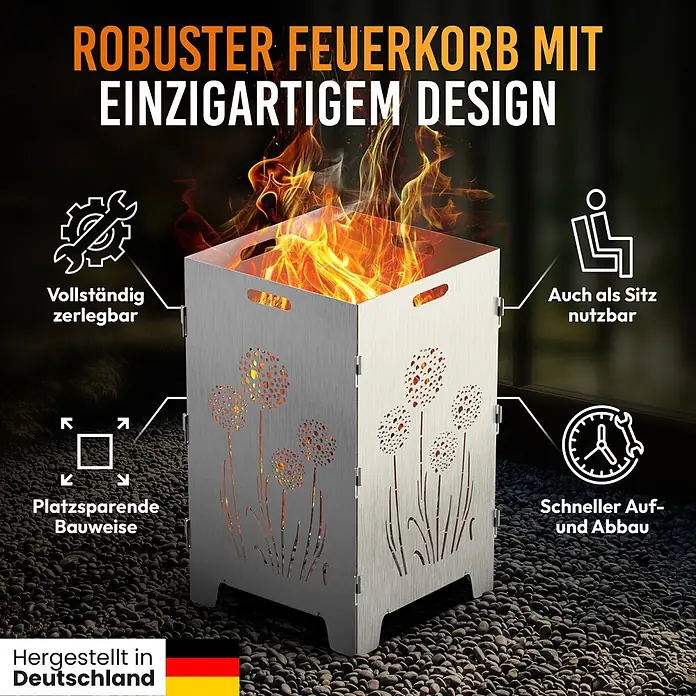 TiKo-Design Holzkohlegrill Feuerkorb-Pusteblumen - Durchmesser Grillfläche: 60 cm, Grau - Robuster, zerlegbarer Metall-Feuerkorb mit einzigartigen floralen Aussparungen, brennend. Hergestellt in Deutschland.