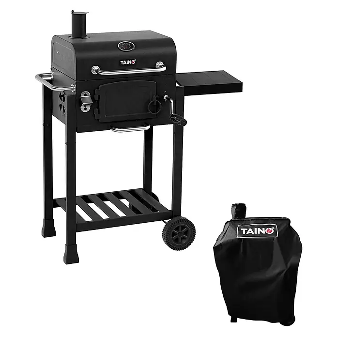 TAINO Holzkohlegrill HERO Set - Schwarz - Schwarzer Holzkohlegrill mit Seitenablage, Rädern und passender Schutzhülle.