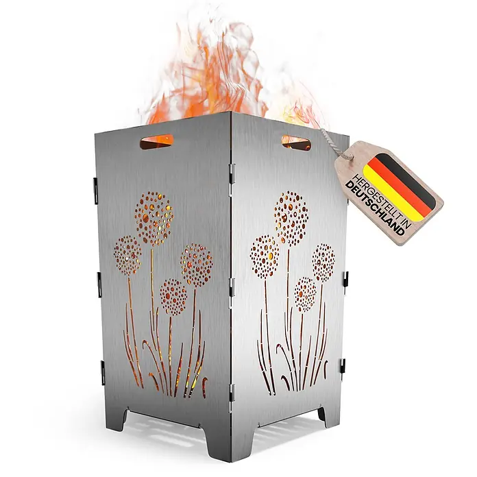 TiKo-Design Holzkohlegrill Feuerkorb-Pusteblumen - Durchmesser Grillfläche: 60 cm, Grau - Gebürstete Metall-Feuerschale mit Löwenzahn-Motiv, innen leuchtend mit Feuer. Mit „Hergestellt in Deutschland“-Etikett.