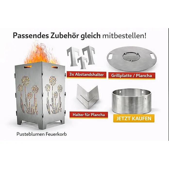 TiKo-Design Holzkohlegrill Feuerkorb-Pusteblumen - Durchmesser Grillfläche: 60 cm, Grau - Metall-Feuerkorb mit Pusteblumen-Design und Flammen, dazu Grillplatte, Abstandshalter und weitere Metall-Zubehörteile.