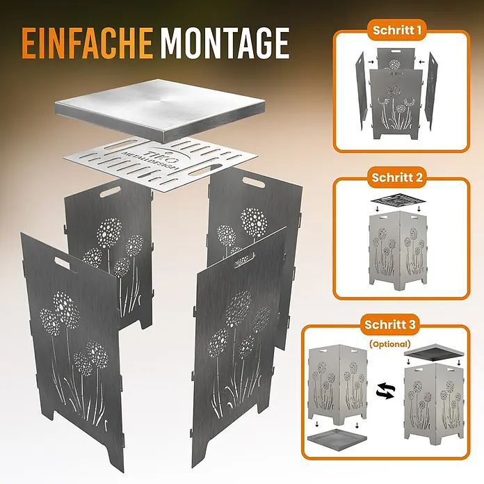 TiKo-Design Holzkohlegrill Feuerkorb-Pusteblumen - Durchmesser Grillfläche: 60 cm, Grau - Montageanleitung für eine modulare Metall-Feuerschale mit Löwenzahn-Motiven, inklusive Rost und optionaler Auffangschale.