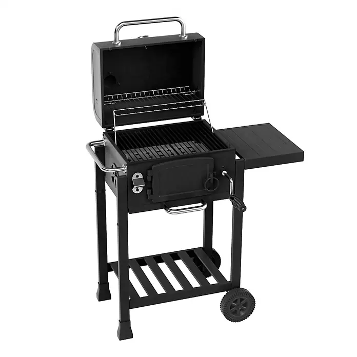 TAINO Holzkohlegrill HERO - Schwarz - Schwarzer Holzkohlegrill mit Klappdeckel, verstellbarer Kohleschale, Seitenablage und Rollen.