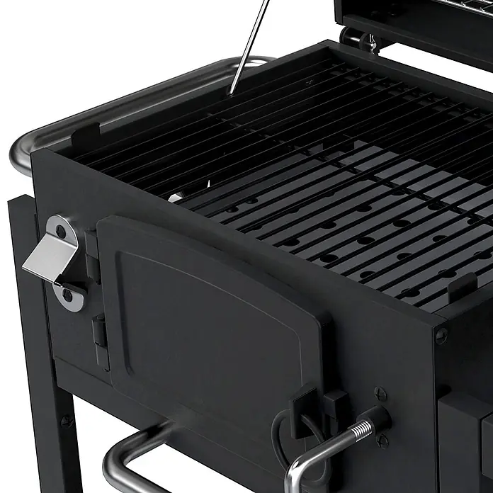 TAINO Holzkohlegrill HERO - Schwarz - Schwarzer Holzkohlegrill aus Metall mit offener Brennkammer, zwei Rosten, Fronttür und silbernen Griffen.