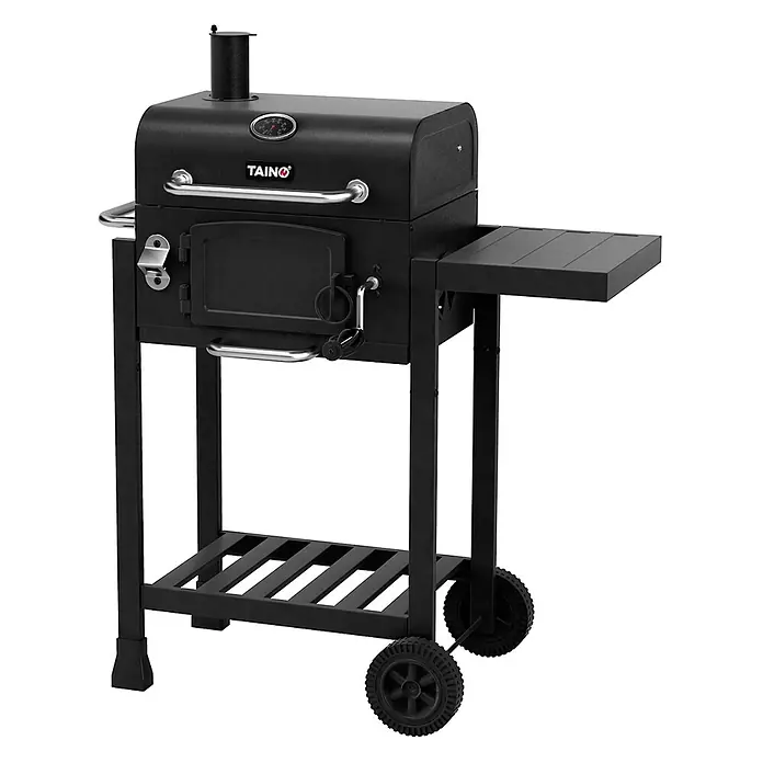 TAINO Holzkohlegrill HERO - Schwarz - Schwarzer Holzkohlegrill aus Metall mit Schornstein, Thermometer, Seitenablage und Rädern für den Außenbereich.