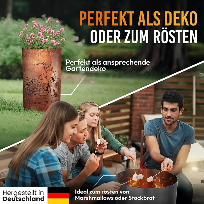 TiKo-Design Holzkohlegrill Feuertonne-Born to ride - Grau - Rostige Metallsäule mit Motorrad-Design, als Gartenpflanzgefäß und Feuerstelle zum Rösten von Marshmallows.
