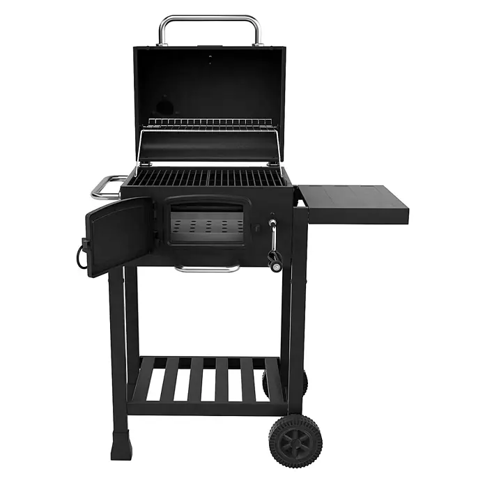 TAINO Holzkohlegrill HERO - Schwarz - Schwarzer Holzkohlegrill mit offenem Deckel, Grillrosten, Warmhalterost, Seitenablage und vorderer Holzkohleklappe, mit Rädern.