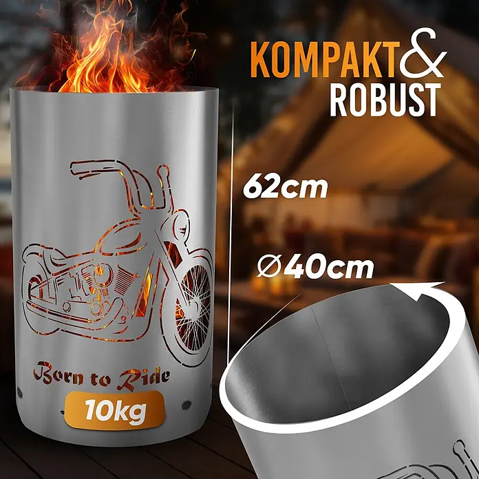 TiKo-Design Holzkohlegrill Feuertonne-Born to ride - Grau - Zylindrische Edelstahl-Feuersäule mit Motorrad-Design und Flammen. 62cm hoch, 40cm Durchmesser, 10kg Gewicht.