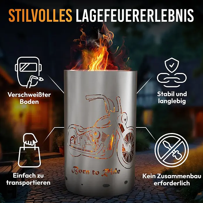 TiKo-Design Holzkohlegrill Feuertonne-Born to ride - Grau - Zylindrische Edelstahl-Feuerschale mit Motorrad-Aussparung, brennend mit Feuer für stilvolle Lagerfeuer.