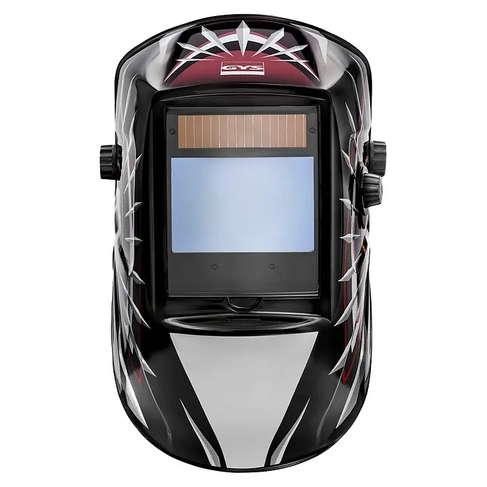 Gys Casco de soldadura Zeus Indian - Nivel de protección: 9 ud. - 13 ud. - Casco de soldadura automático negro con diseño gráfico rojo y blanco, panel solar y gran pantalla de visualización.