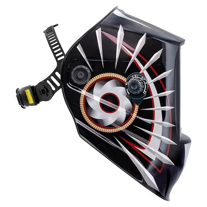 Gys Casco de soldadura Zeus Indian - Nivel de protección: 9 ud. - 13 ud. - Casco de soldadura auto-oscurecible negro con vibrante diseño rojo, blanco y dorado, con correa de cabeza y botones de ajuste.