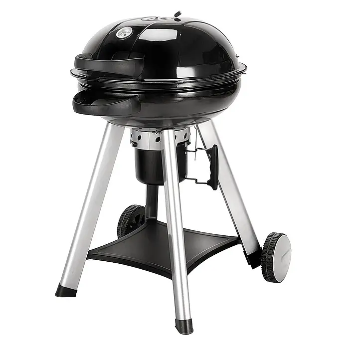 TAINO Holzkohlegrill NEO - Durchmesser Grillfläche: 54 cm, Schwarz - Schwarzer Kugel-Holzkohlegrill mit silbernen Beinen, Rädern und Deckelthermometer.